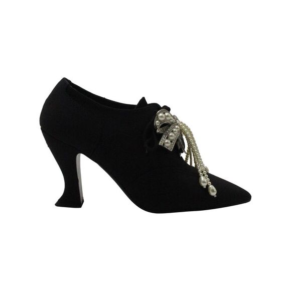 Chanel Lace-Up Pearl Bow Boots in Black Satin - Picture 1 of 8